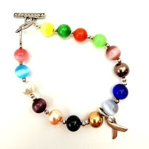 SIC 925 Sterling Silver Cancer Awareness Ribbon Moonglow Glass Bead Toggle